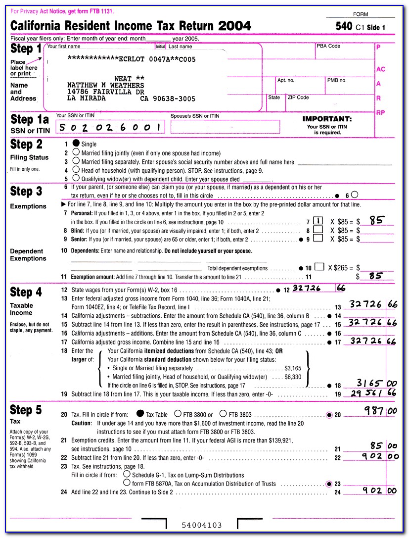 California State Tax Forms 540ez