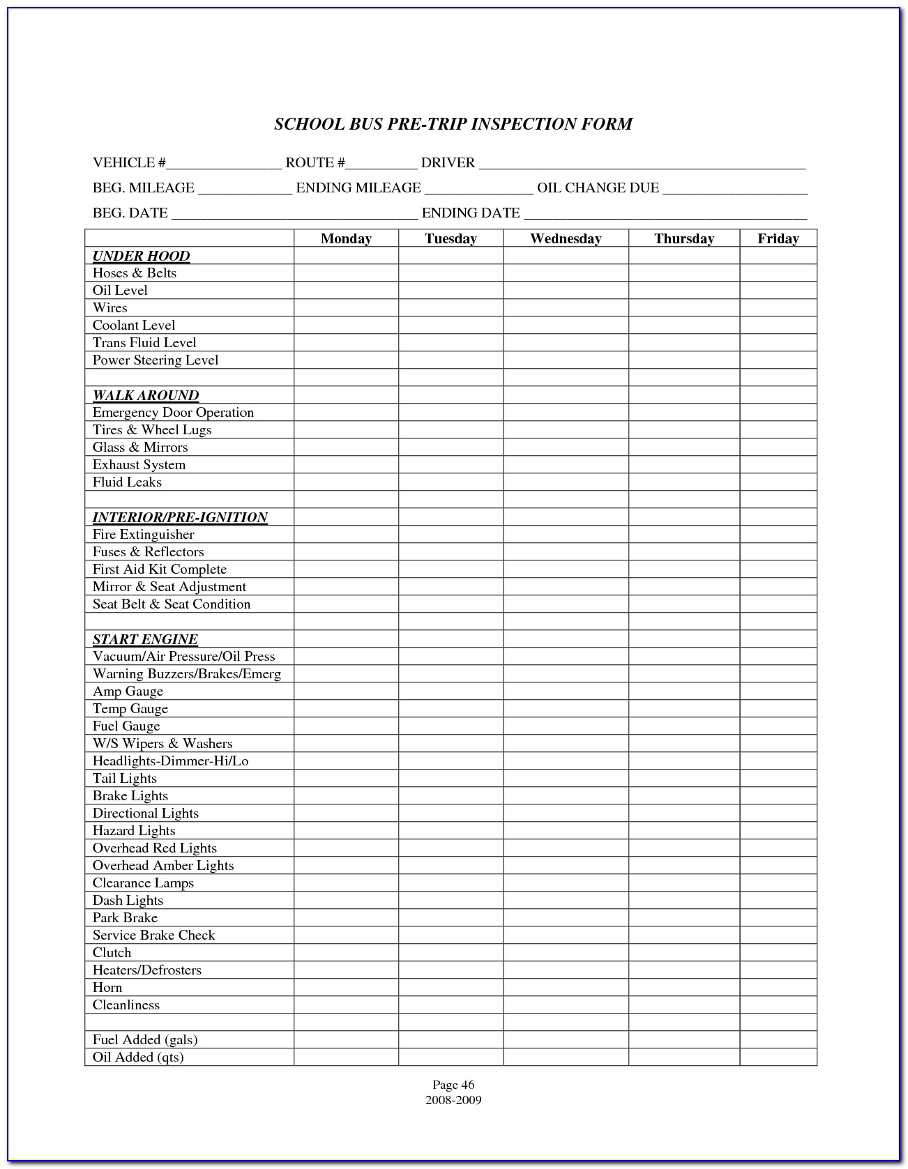 Cdl Pre Trip Inspection Checklist Form California