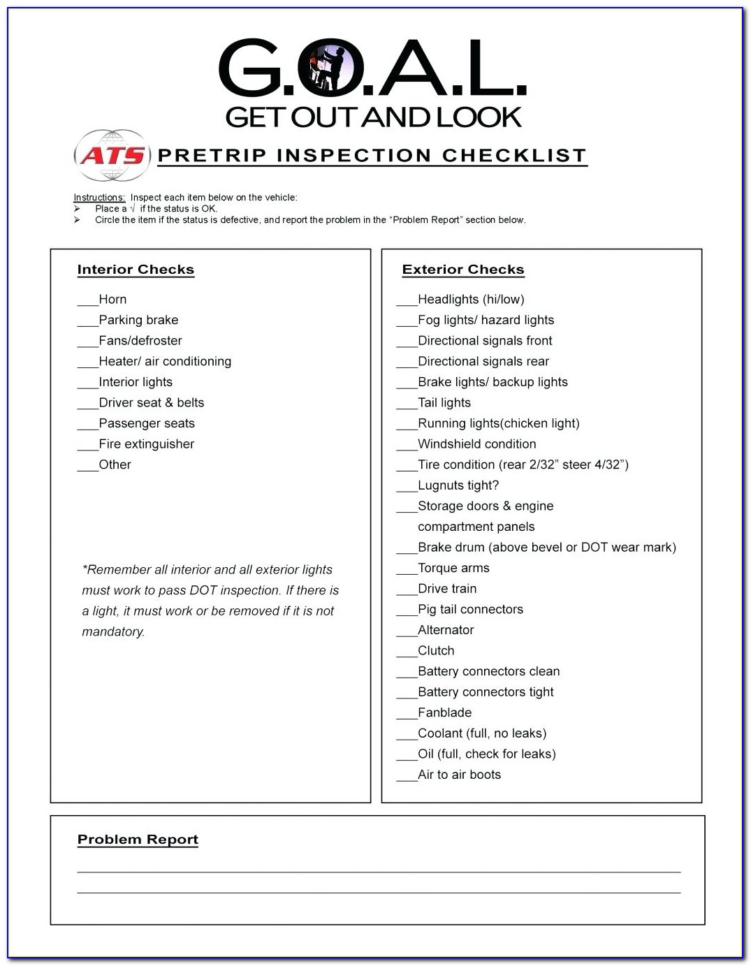 Cdl Pre Trip Inspection Checklist Form