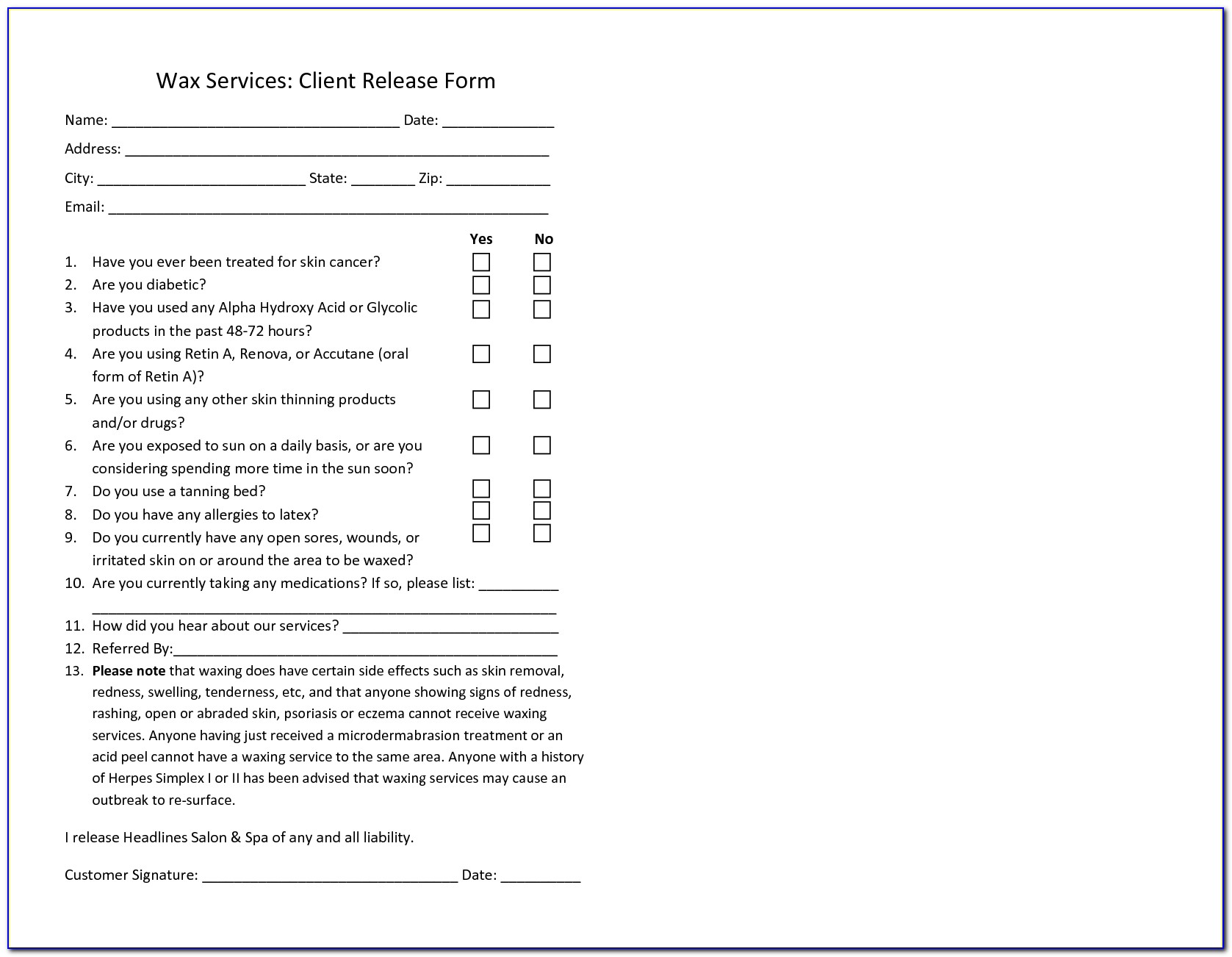 Chemical Peel Client Consent Form