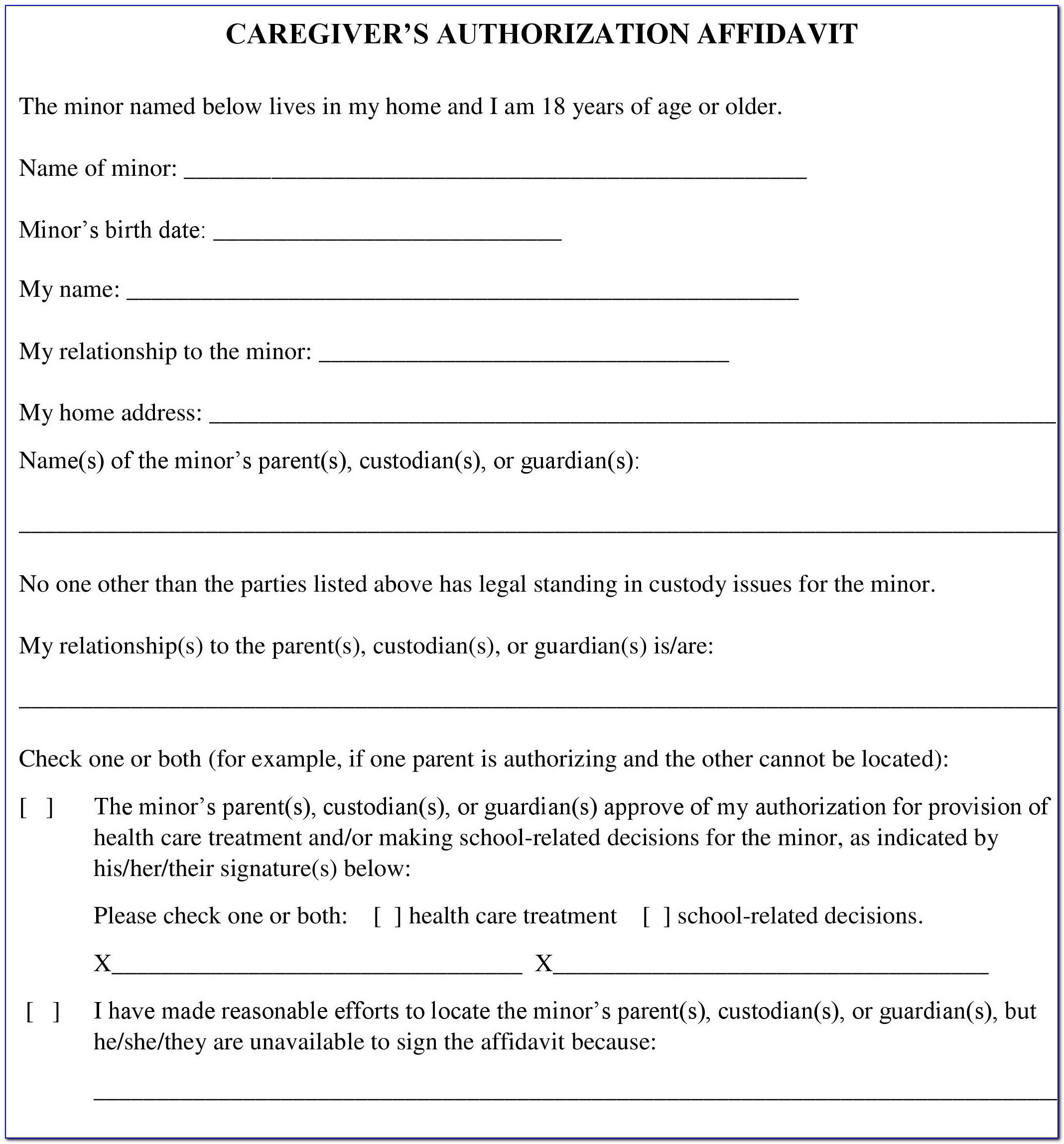 Child Care Affidavit Form