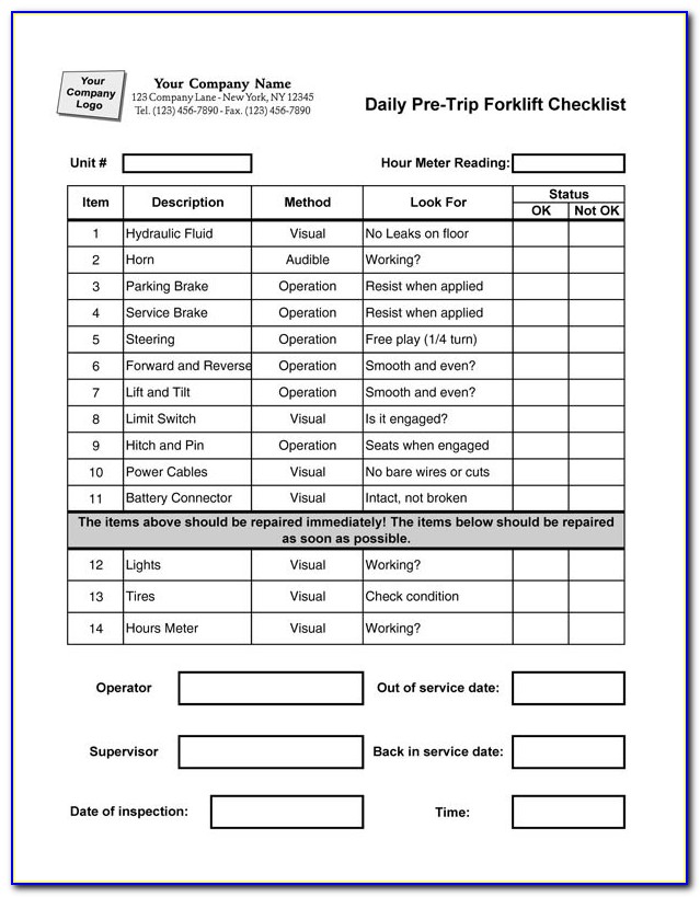 Class A Cdl Pre Trip Inspection Checklist Form
