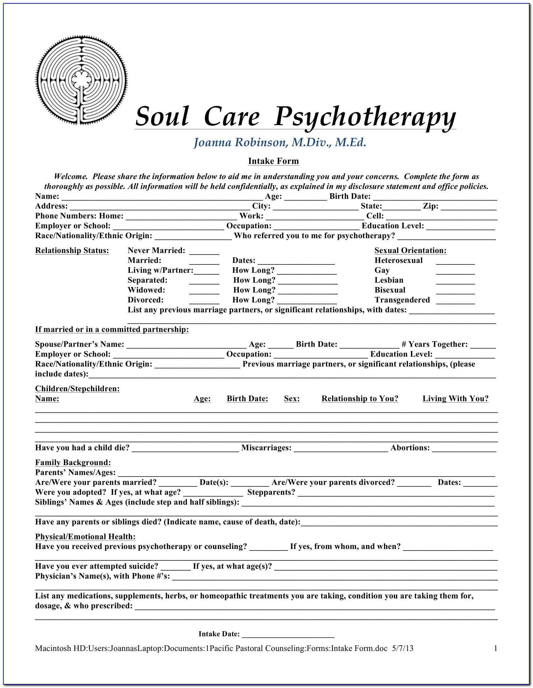 Client Intake Form For Psychotherapy