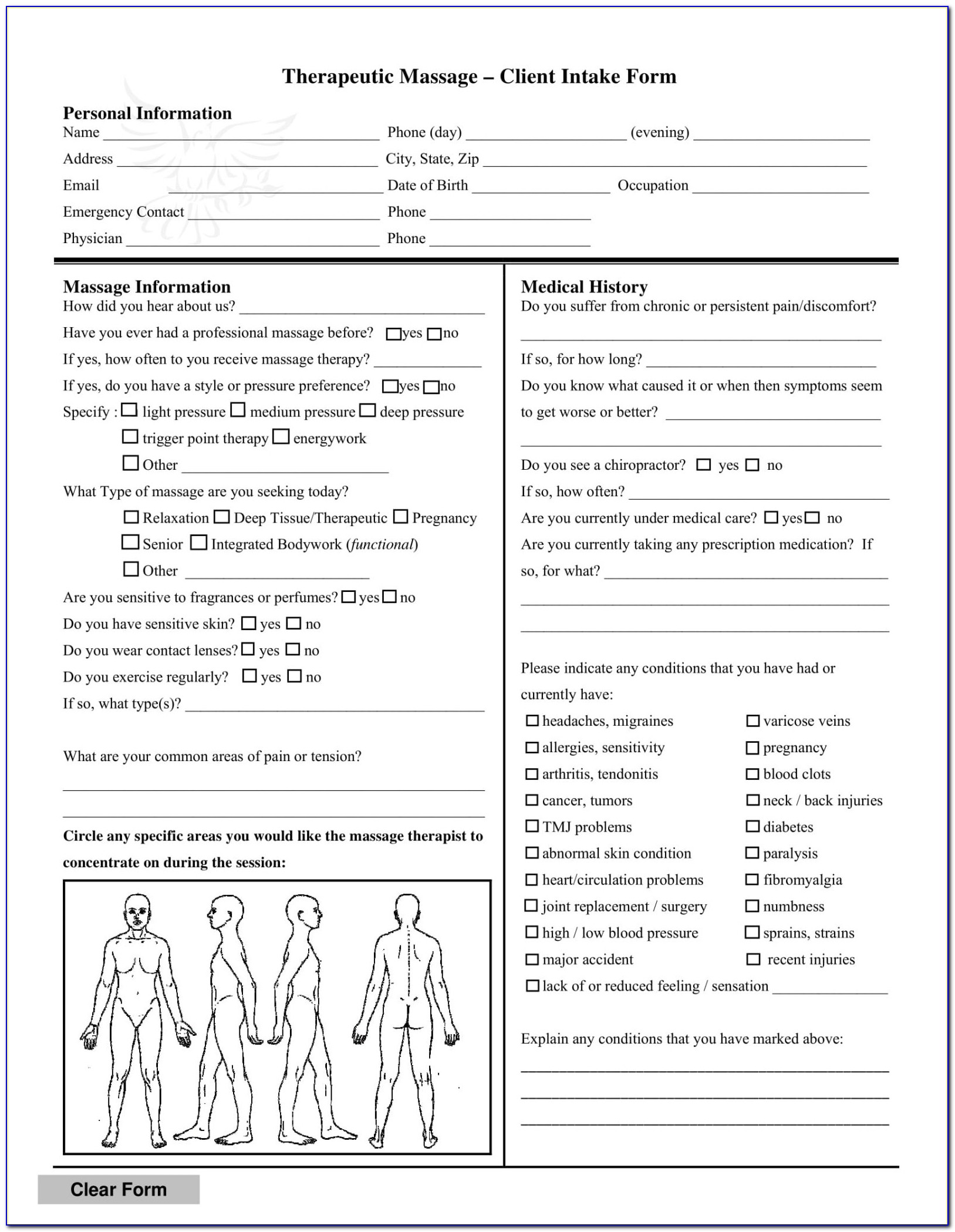 Client Intake Form Massage Therapy Template