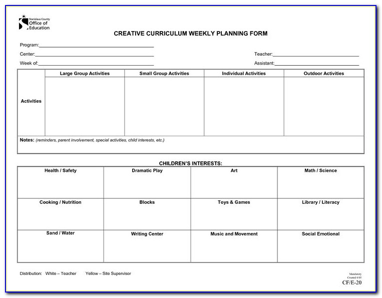 Creative Curriculum For Preschool Weekly Planning Form