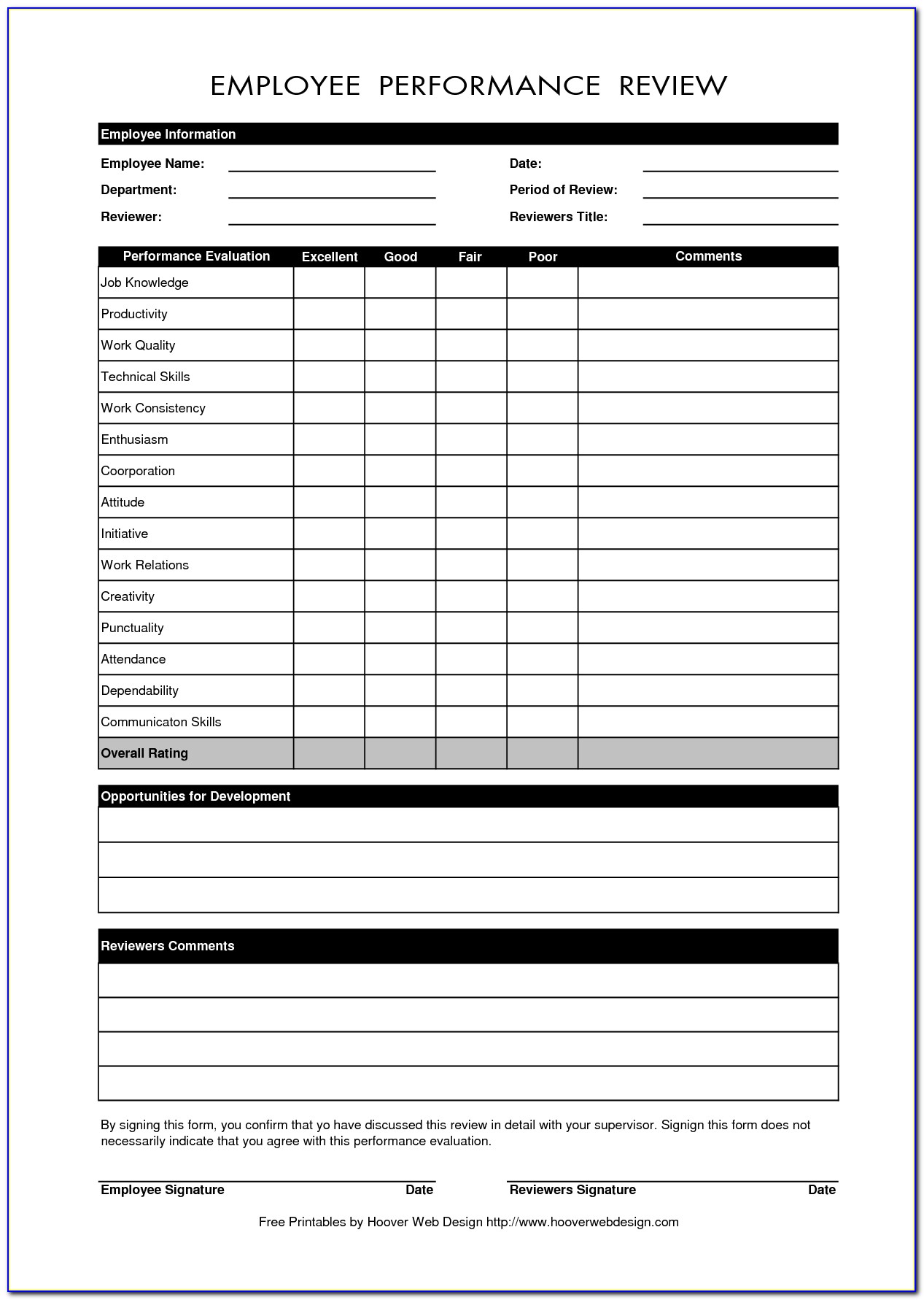 Employee Performance Appraisal Form Template Download