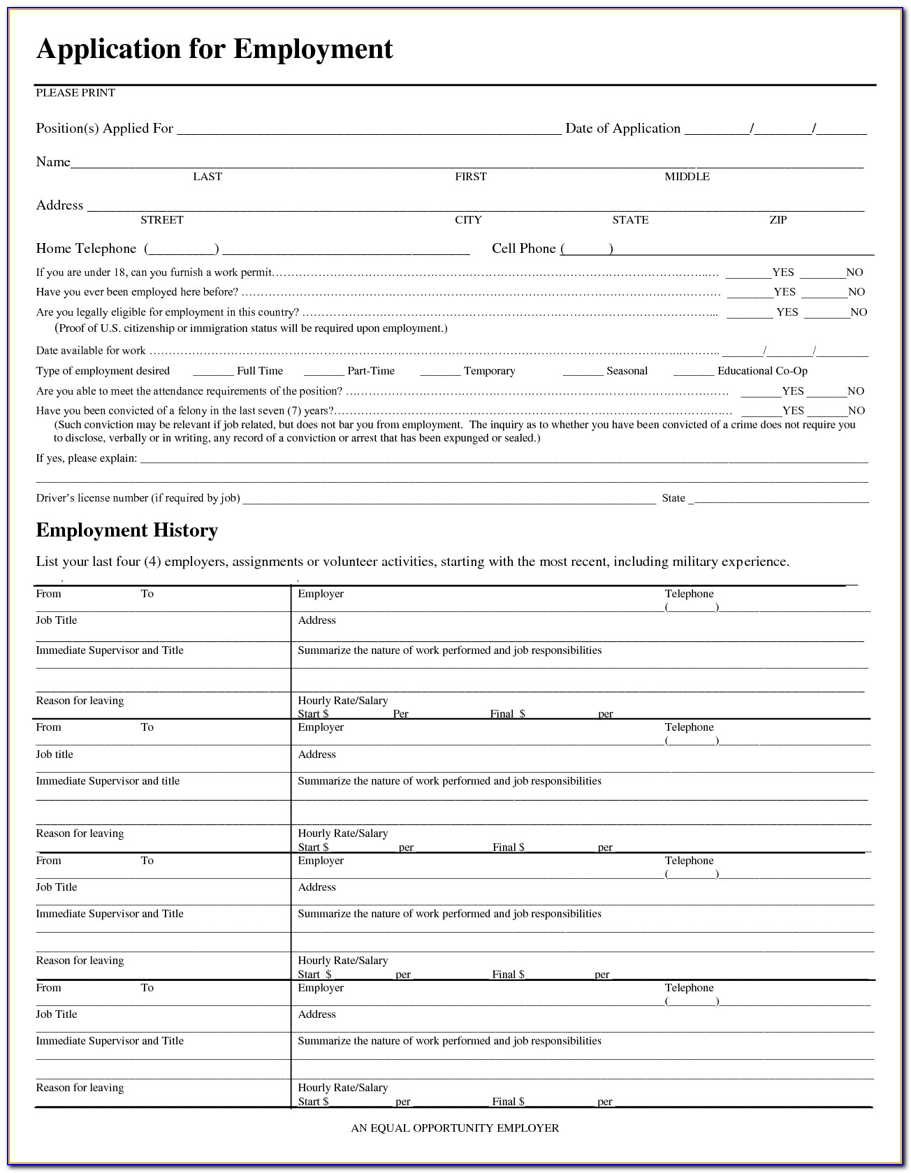Employment Application Forms Free Printable