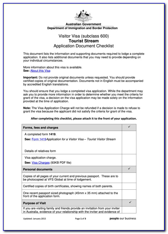 Form 1419 Australia Visitor Visa