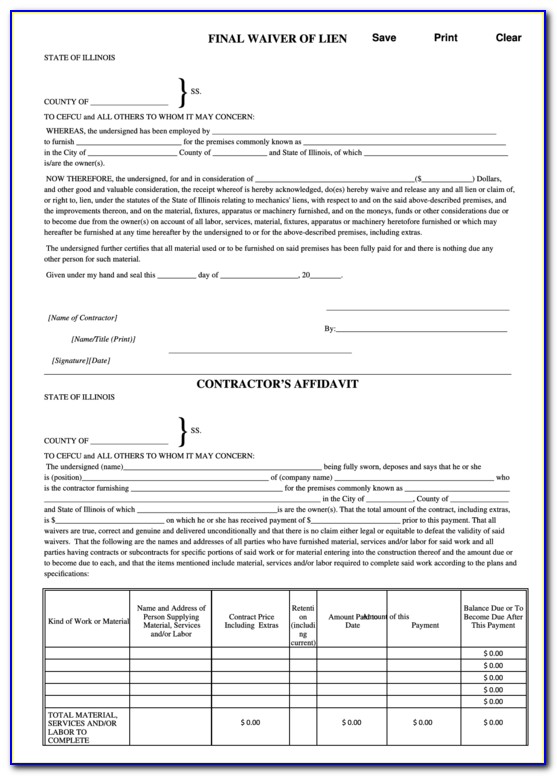 Free Final Waiver Of Lien Form Illinois
