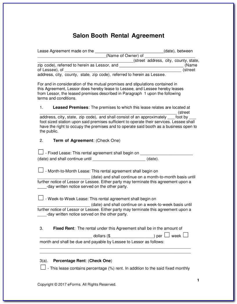 Free Booth (salon) Rental Lease Agreement Pdf | Word | Eforms With Equipment Loan Agreement Form Sample