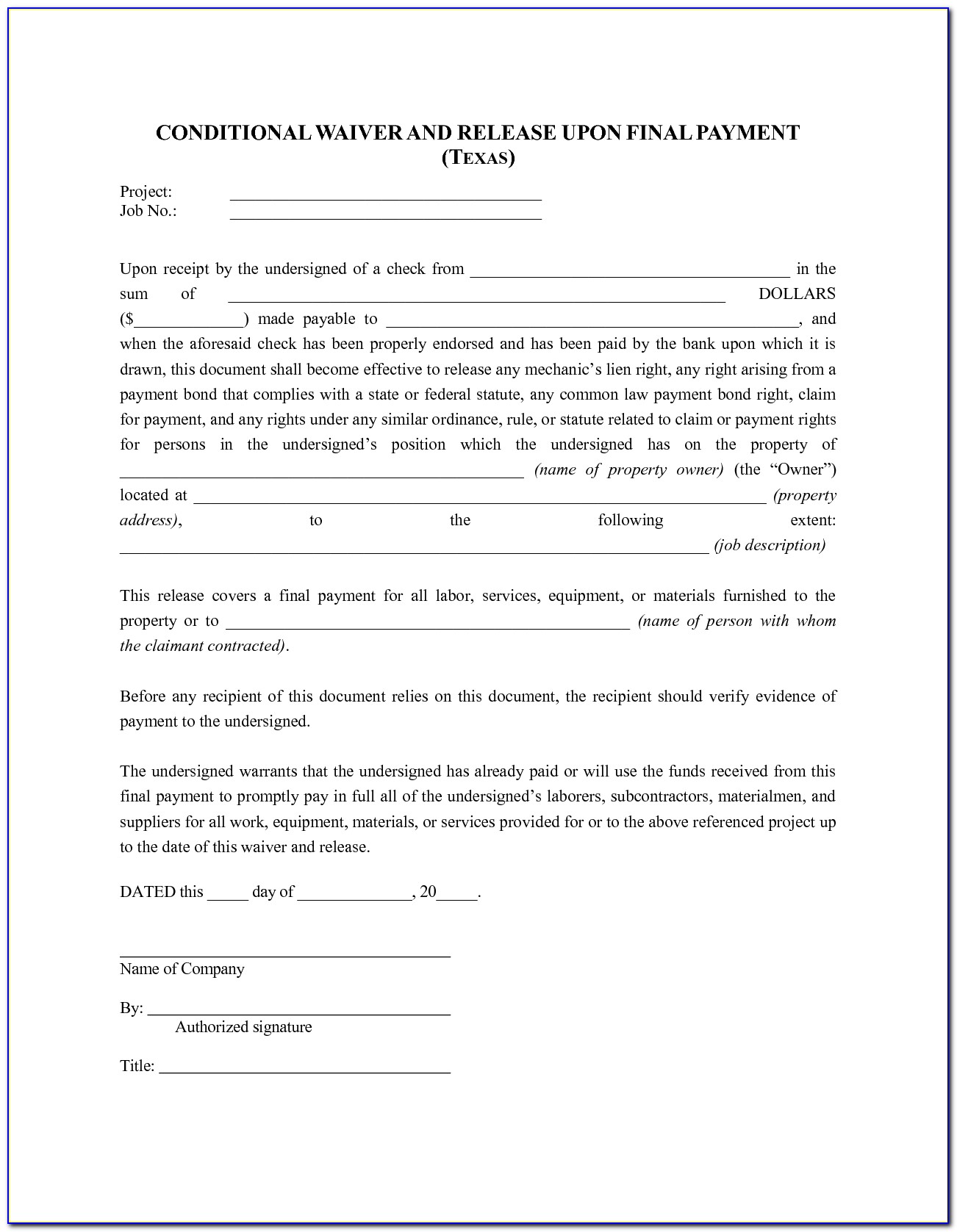 Free Lien Waiver Form Texas