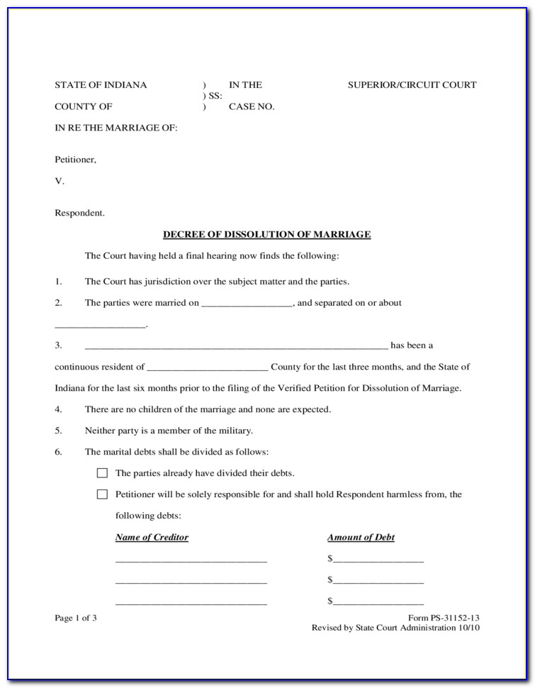 Free Printable Divorce Forms Indiana
