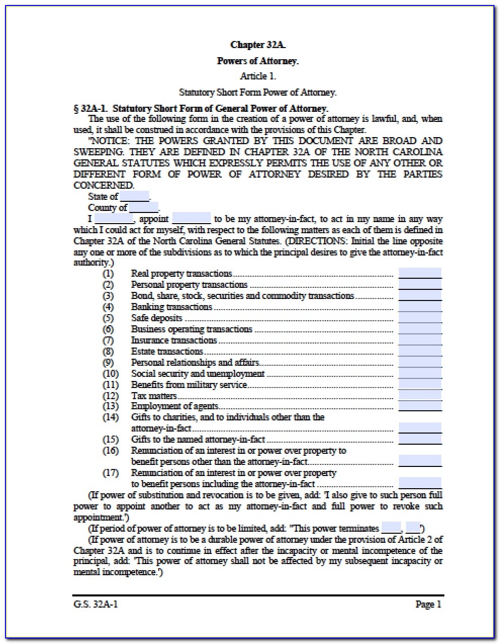 Free Printable Nc Durable Power Of Attorney Form