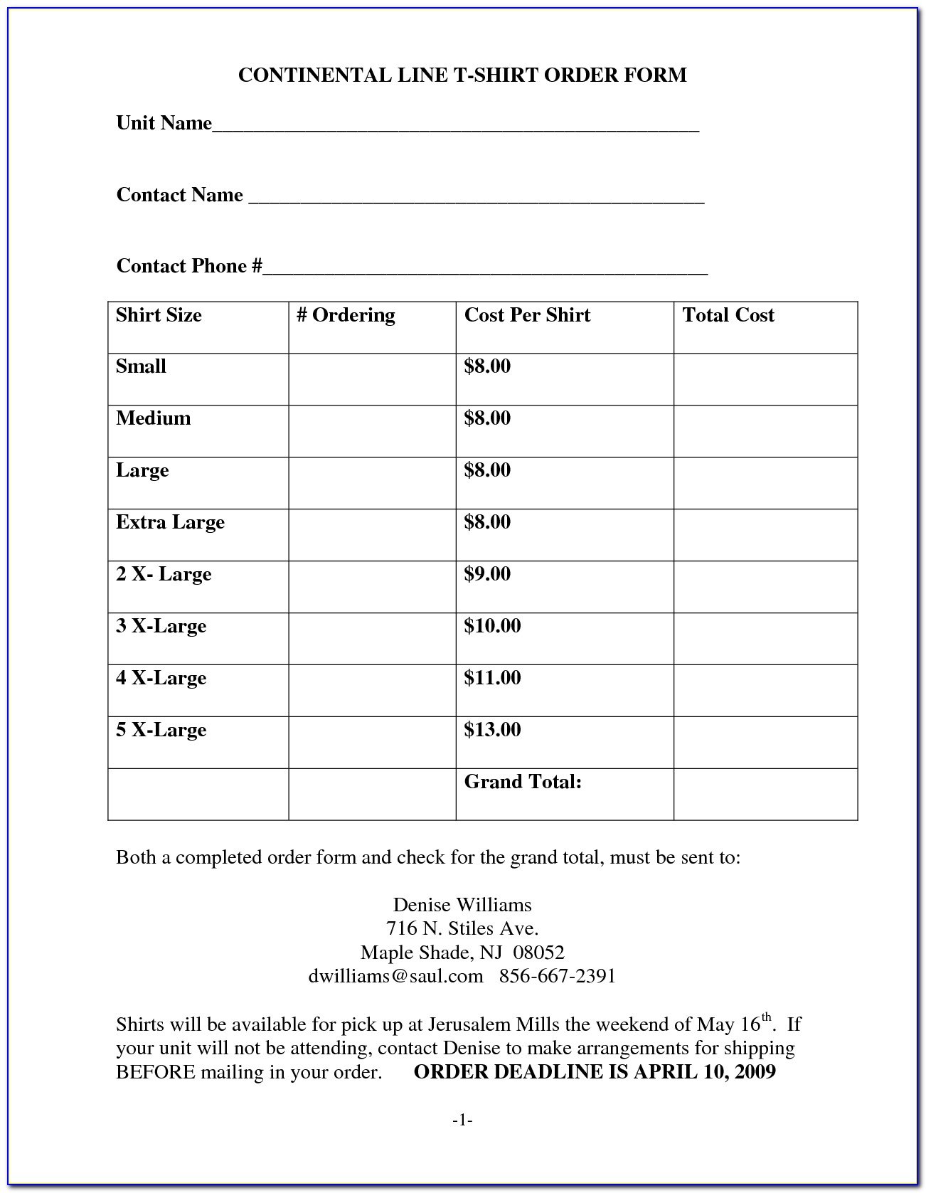 Free Printable Order Forms For T Shirts