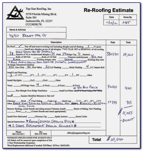 Free Sample Roofing Estimate Forms
