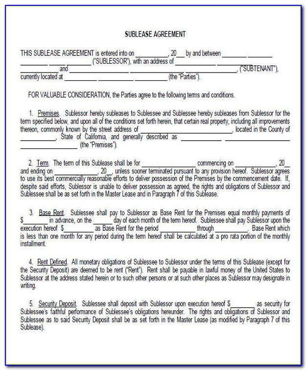 Generic Sublease Agreement Form