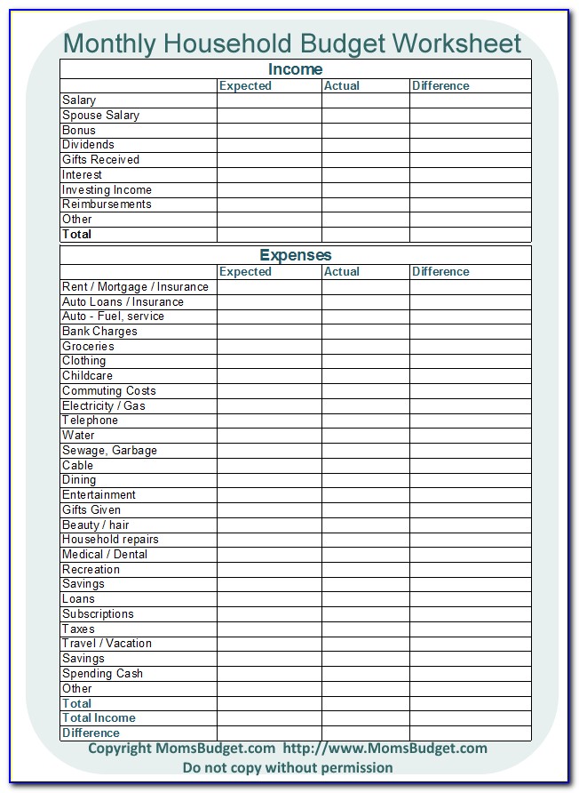Household Budget Forms Excel