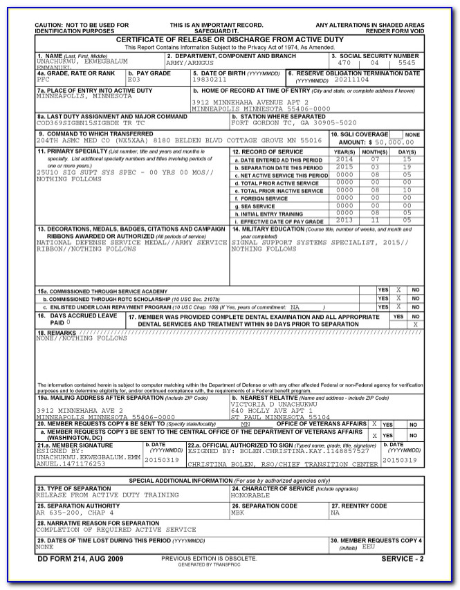 Military Discharge Papers Form Dd214 Form Resume