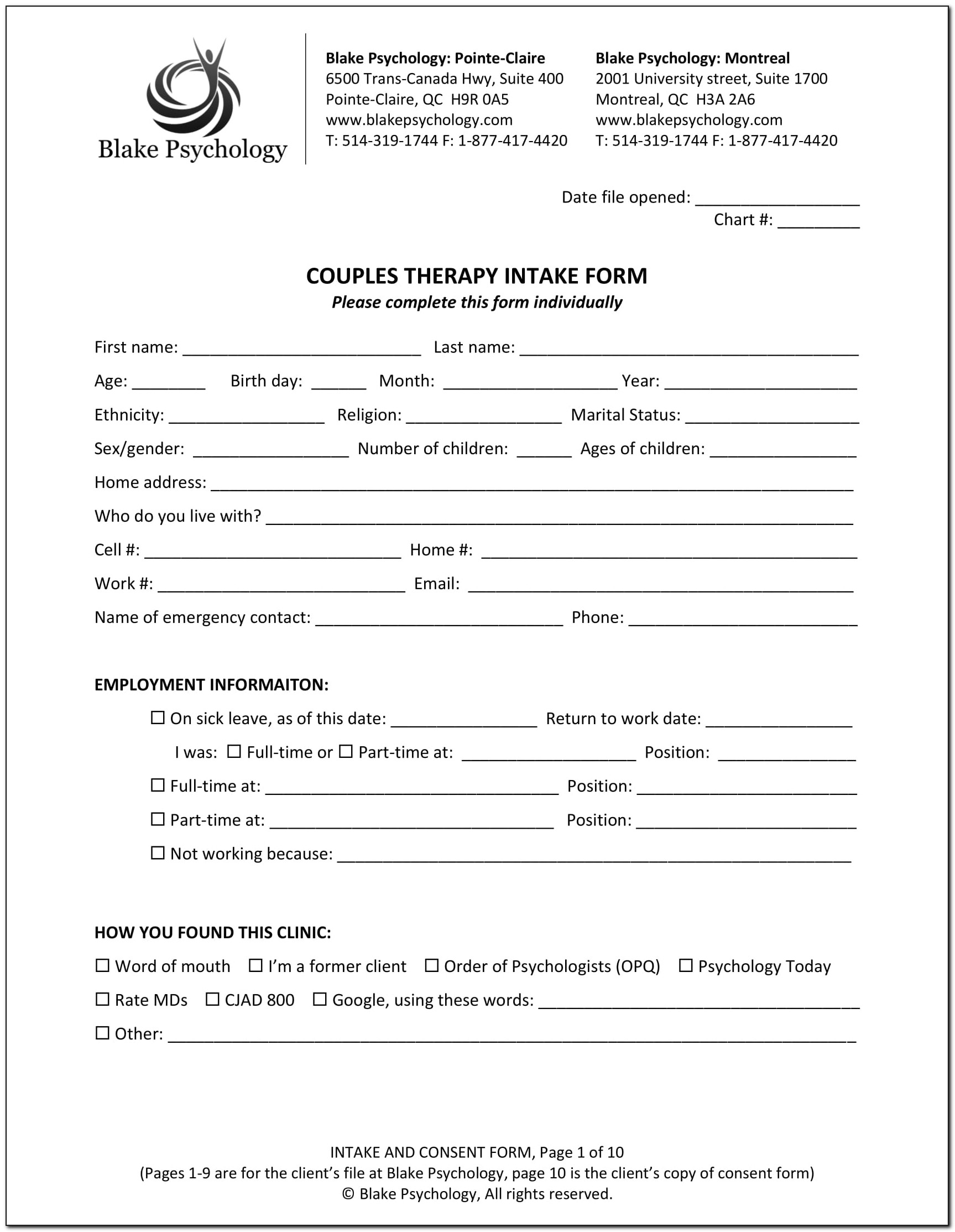 Intake Forms For Psychotherapy