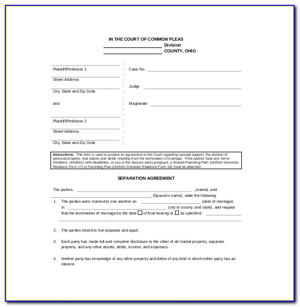 Legal Separation Agreement Form Manitoba