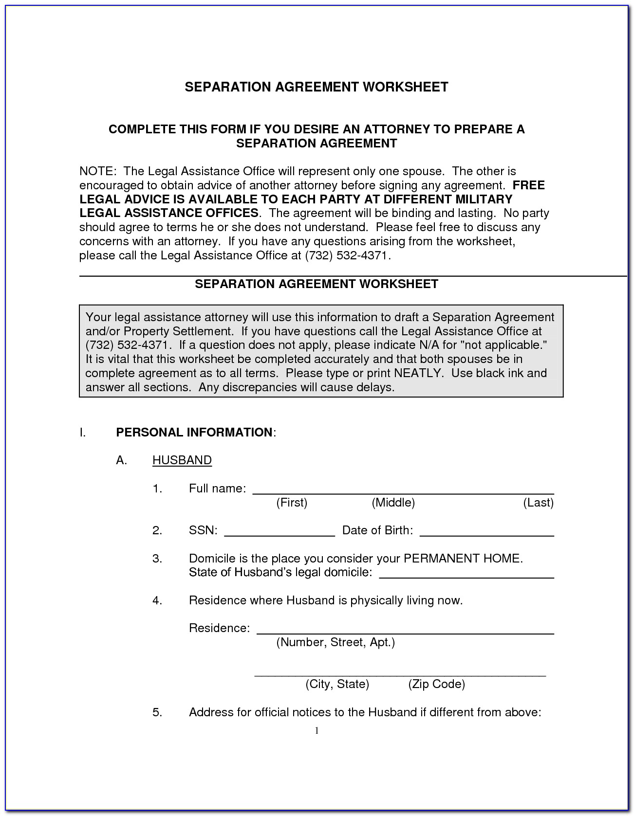 Legal Separation Agreement Form Pdf