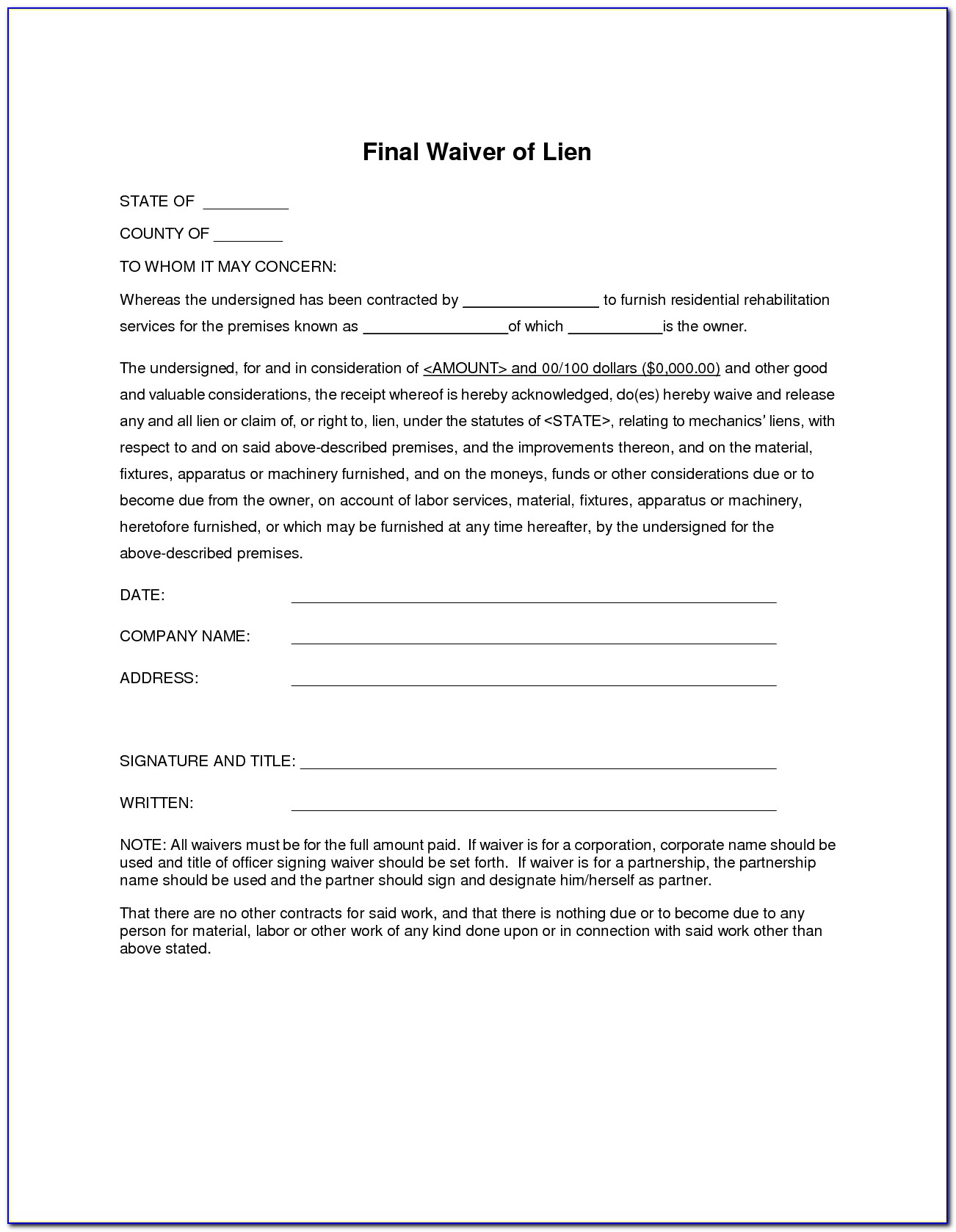 Lien Waiver Form Mn