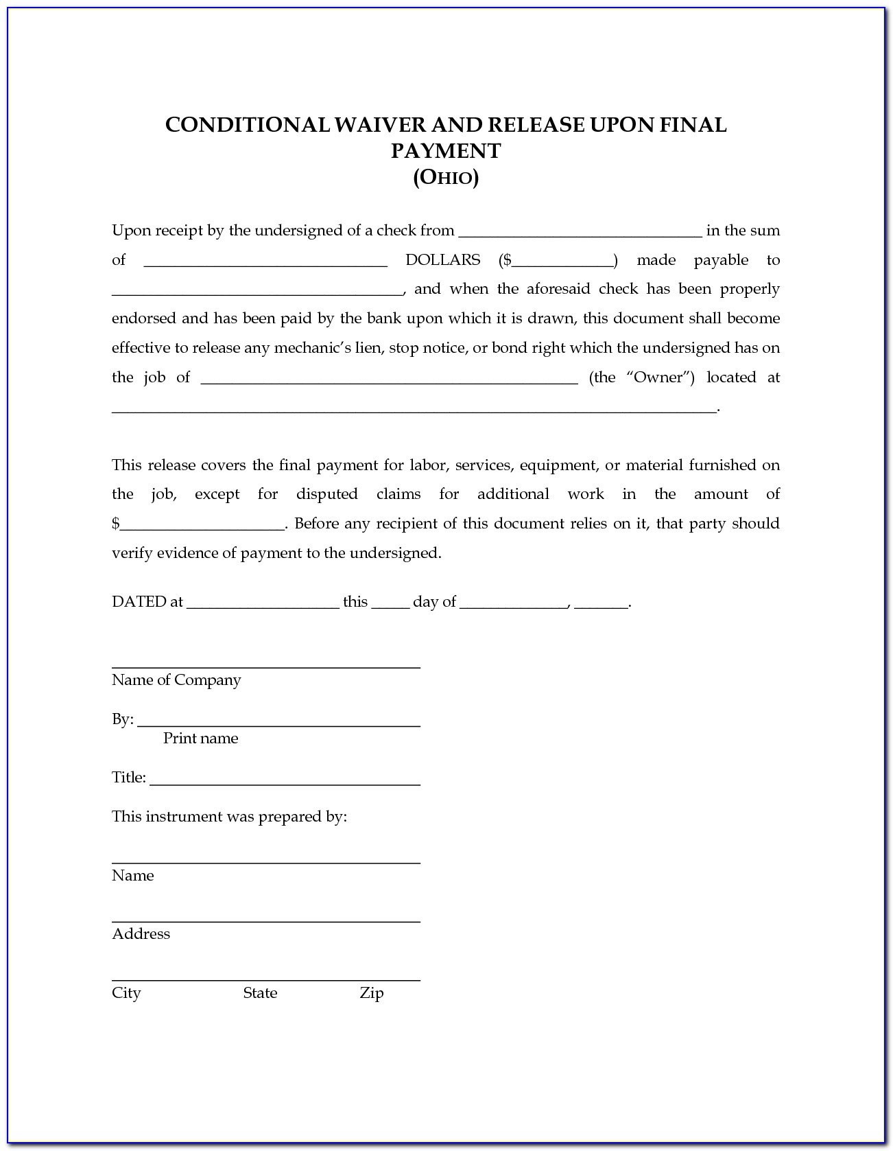 Lien Waiver Form Texas