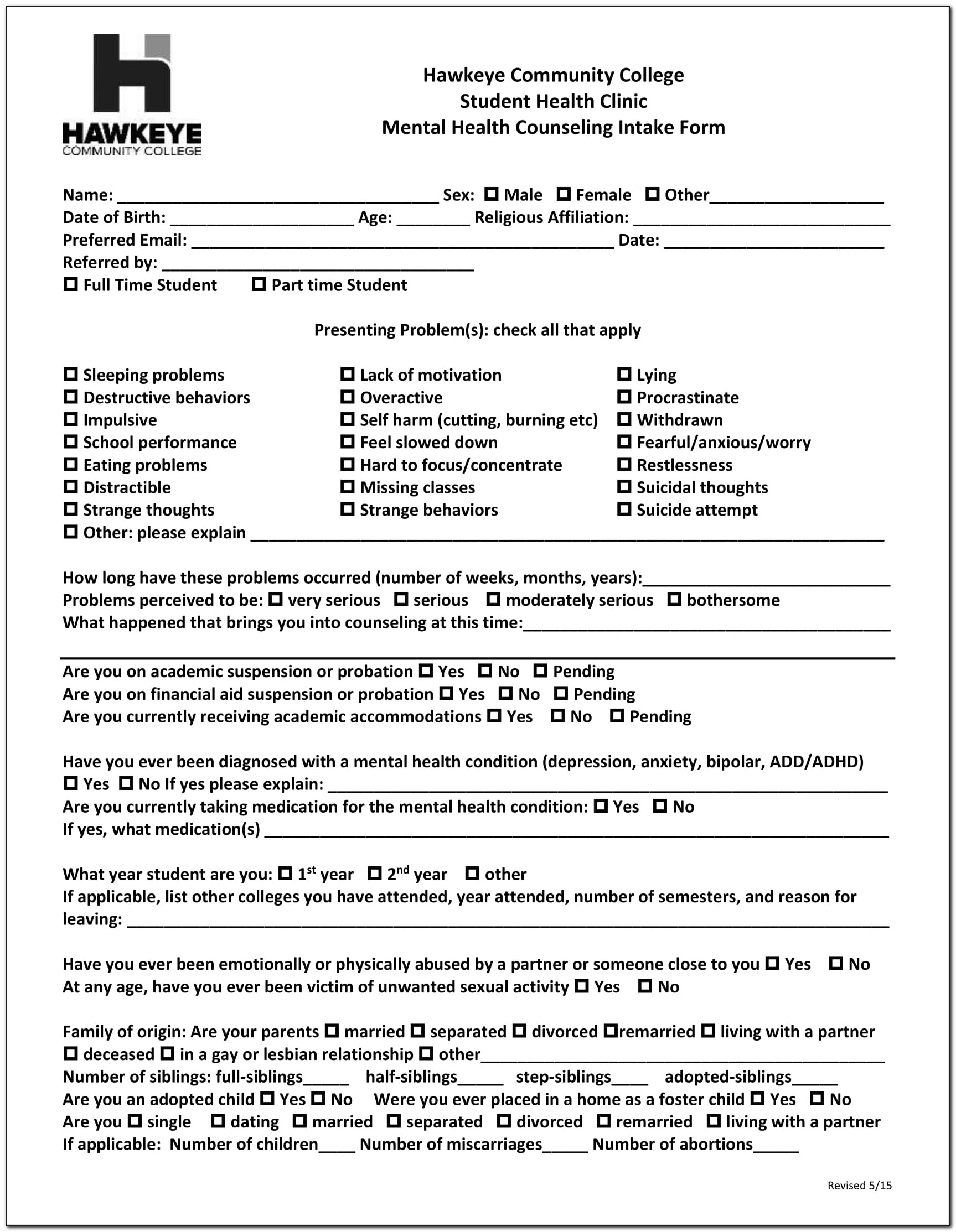 Mental Health Counseling Intake Forms