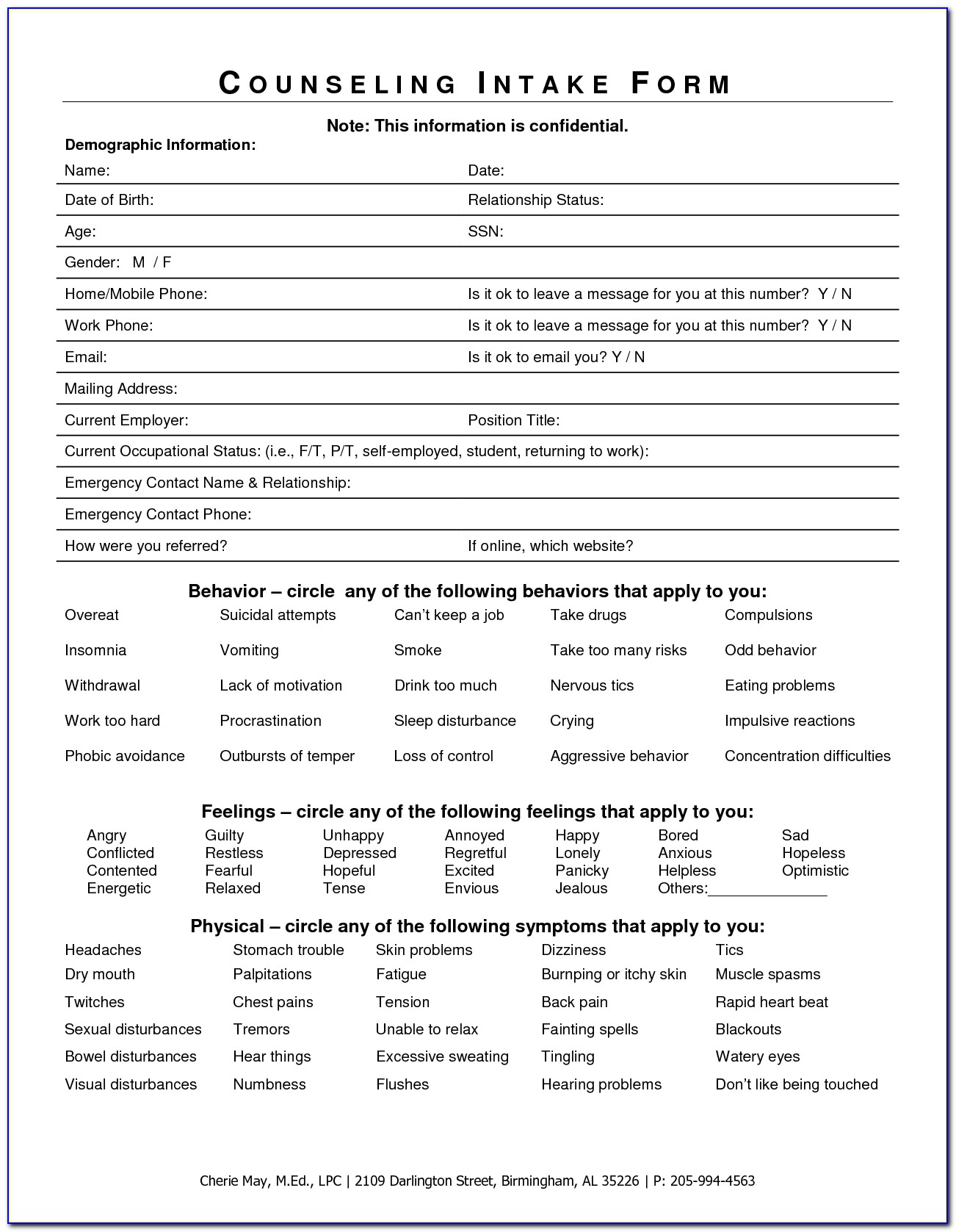 Mental Health Counselor Intake Forms