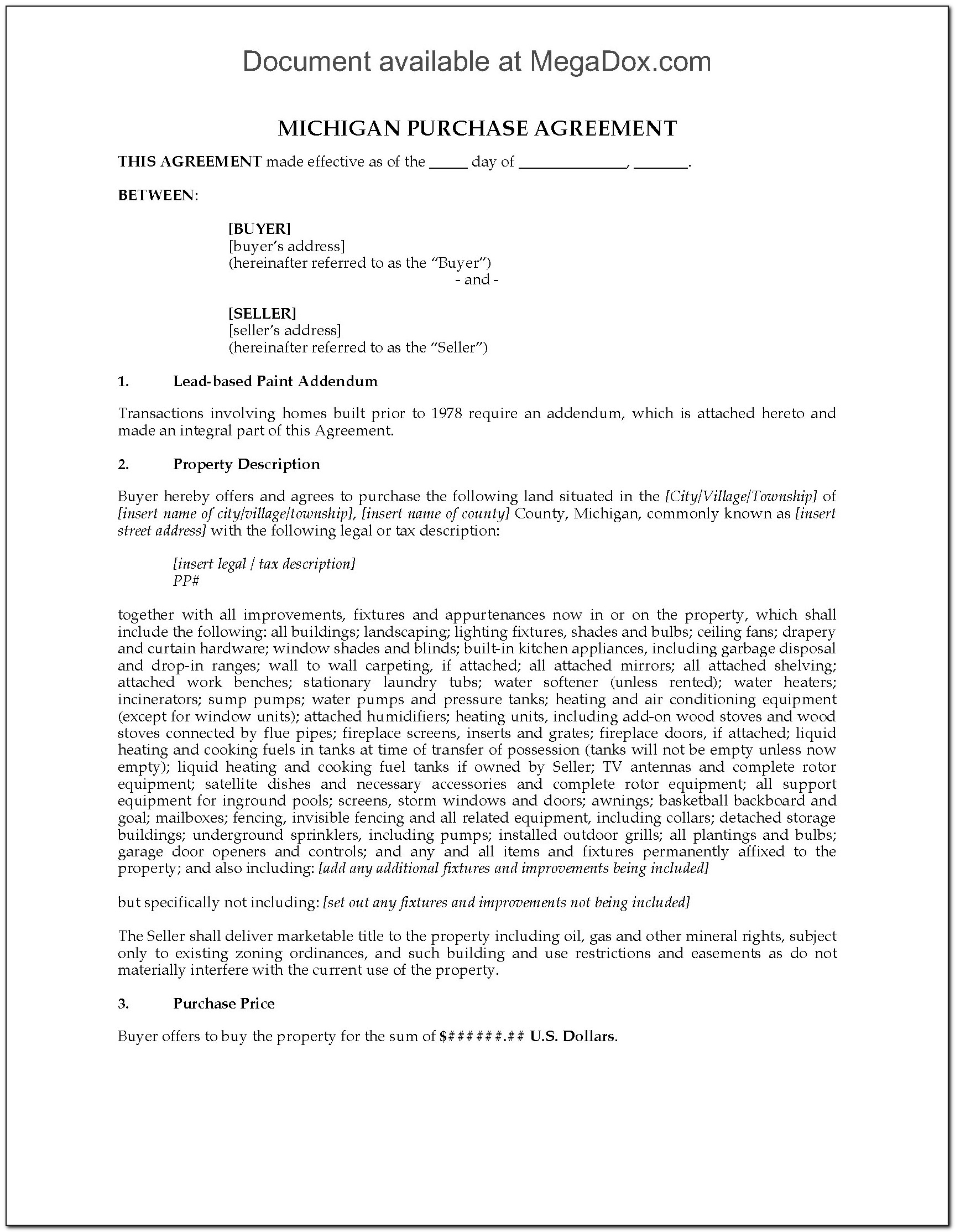 Michigan Land Purchase Agreement Form