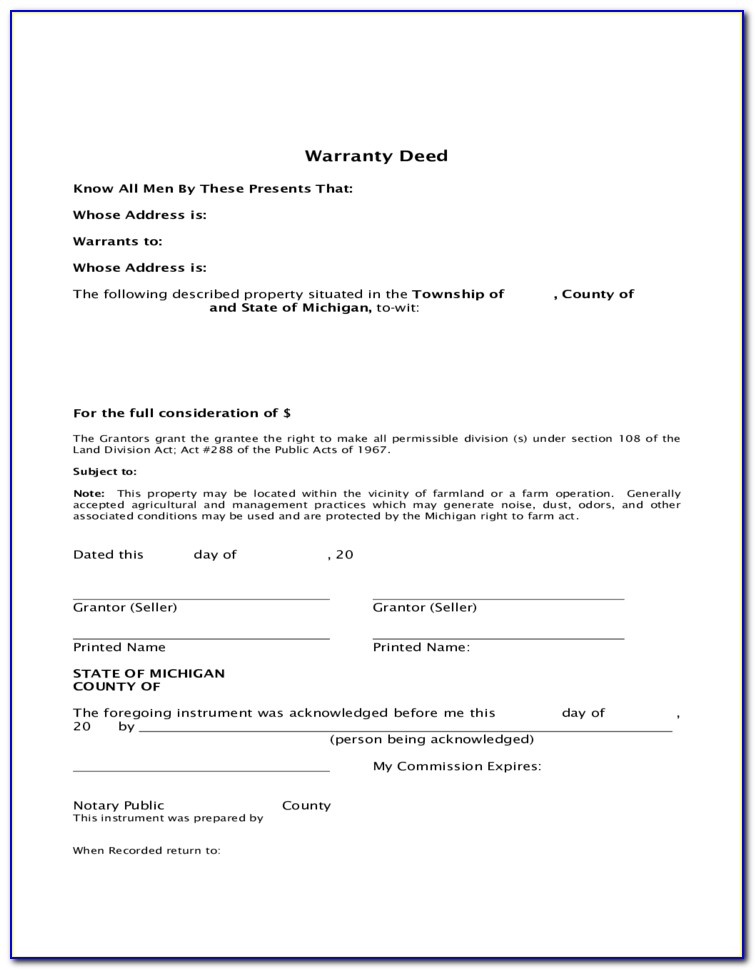 Michigan Warranty Deed Statutory Form