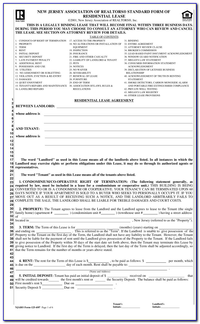 New Jersey Association Of Realtors Standard Form Of Residential Lease 2017