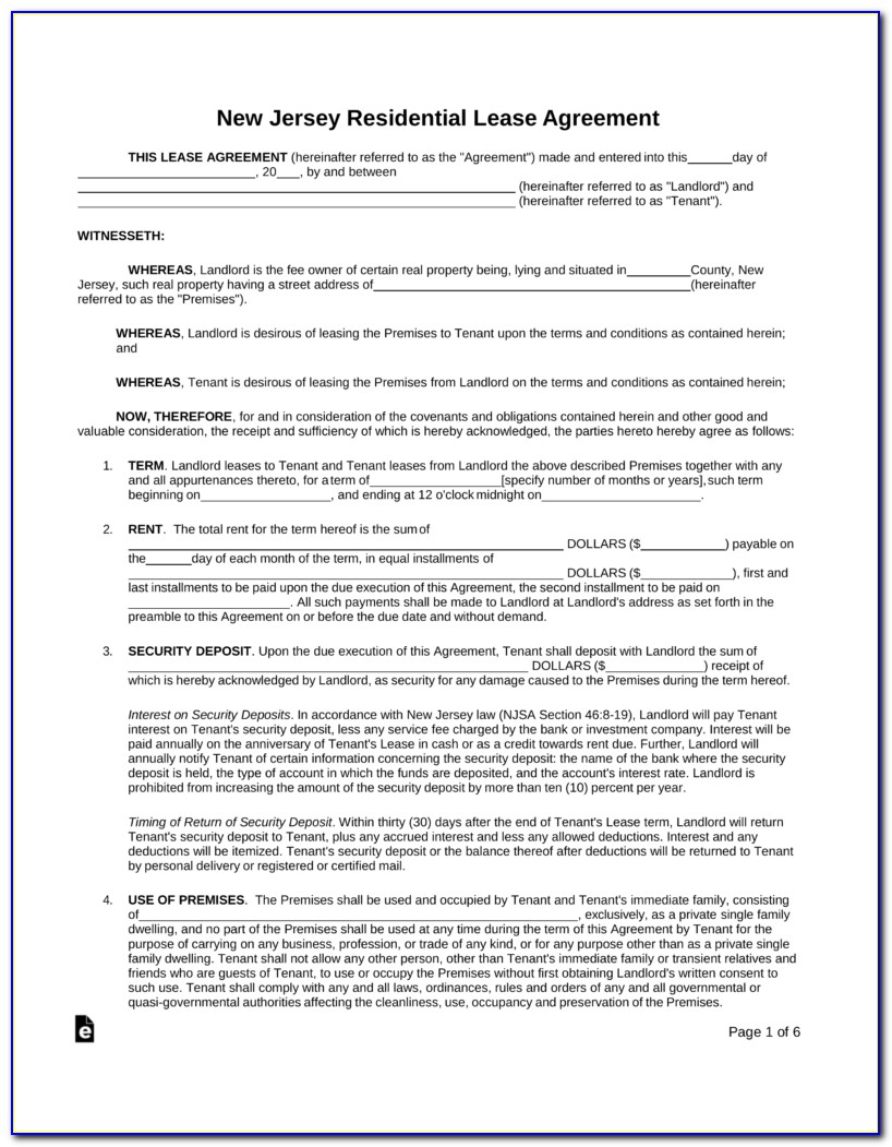 New Jersey Realtors Standard Form Of Residential Lease