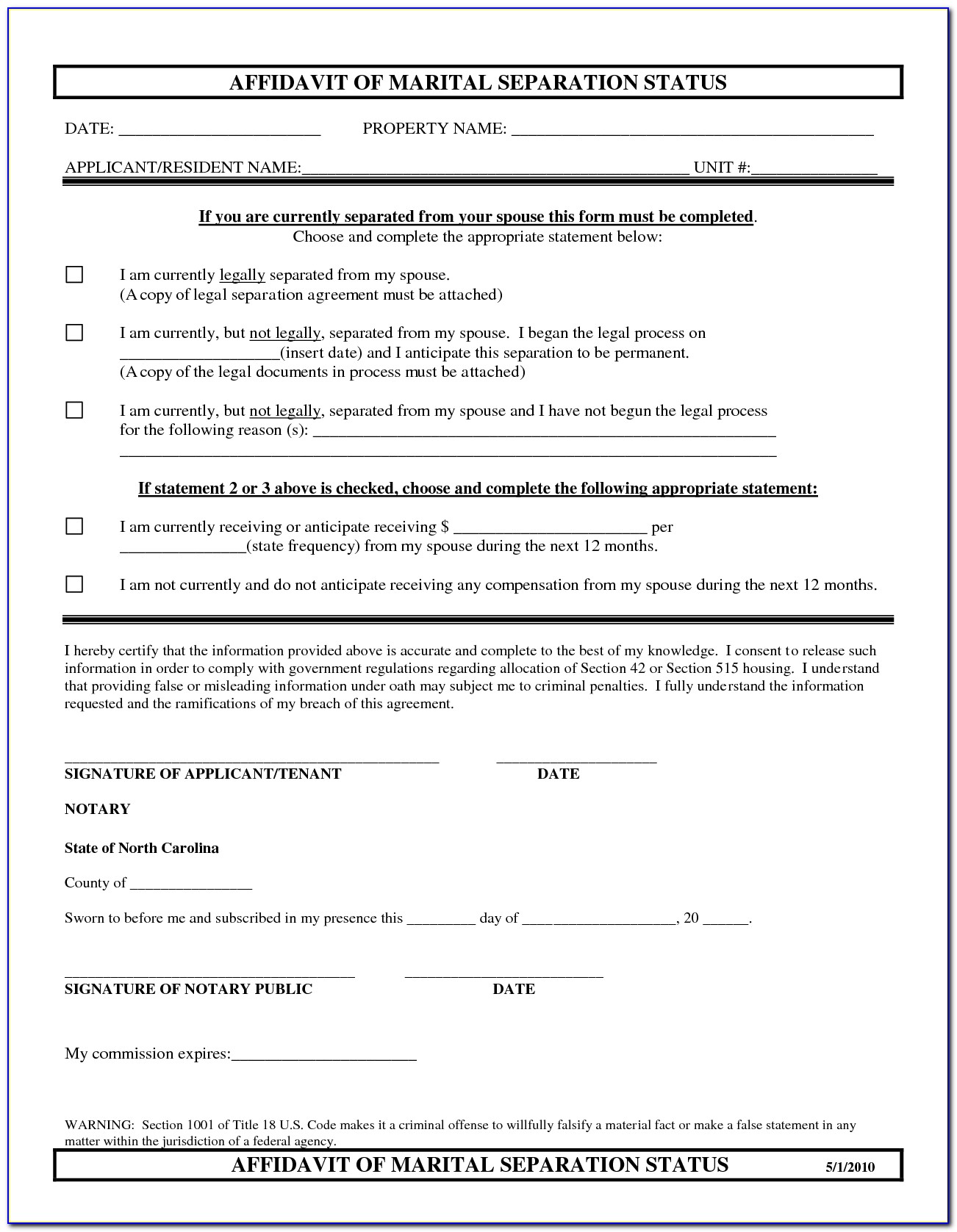 North Carolina Seperation Agreement Template PDF Template