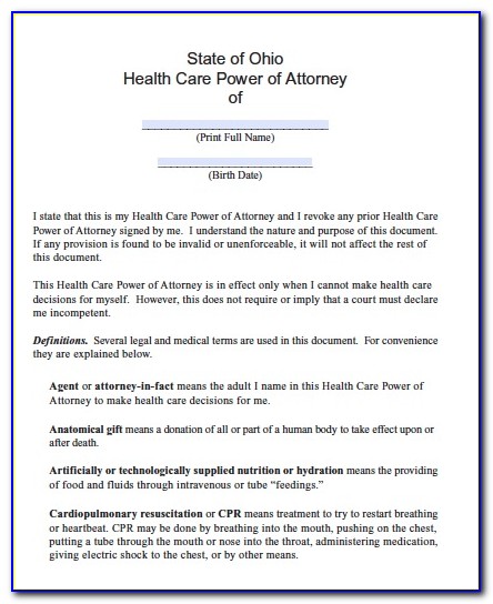 Ohio Durable Power Of Attorney For Health Care Form