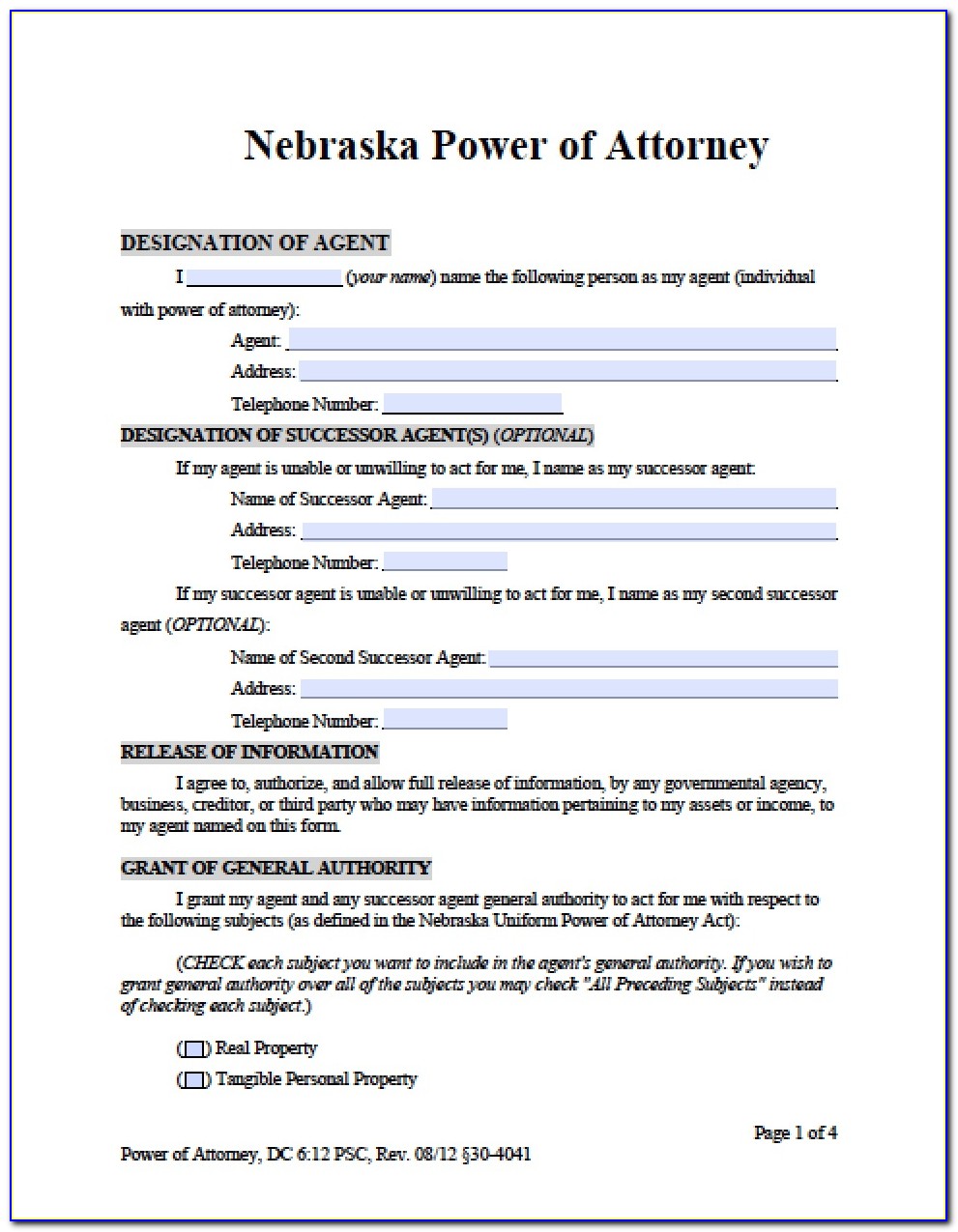 Power Of Attorney Form Nebraska Free