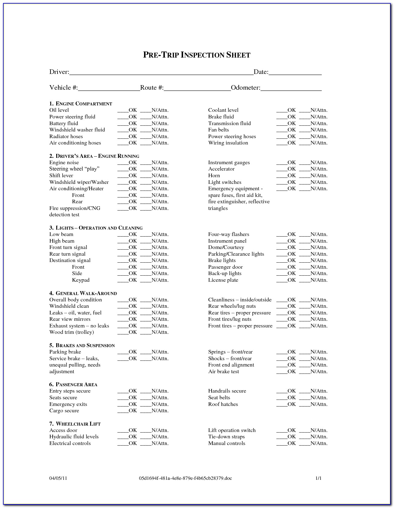 Pre Trip Inspection Form Checklist