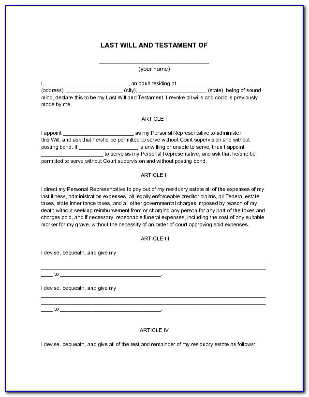 Printable Last Will And Testament Forms Bc