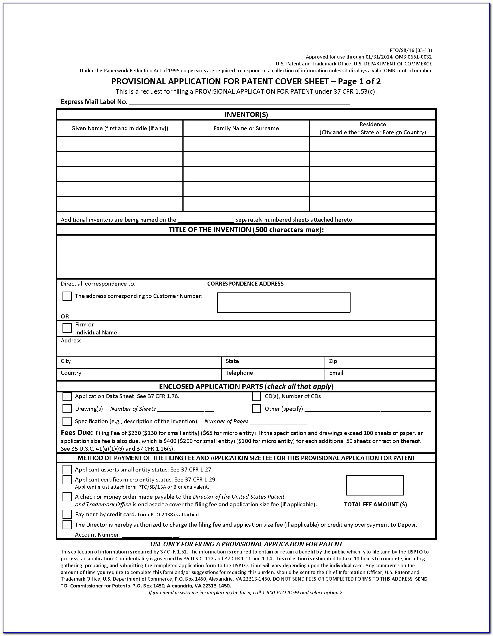 Provisional Patent Application Form Canada