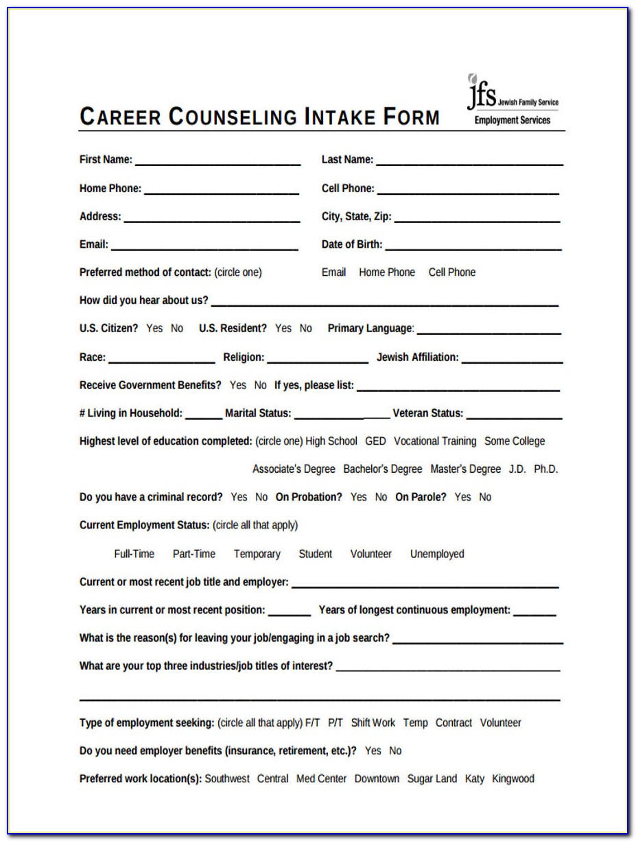 Sample Client Intake Form Counseling