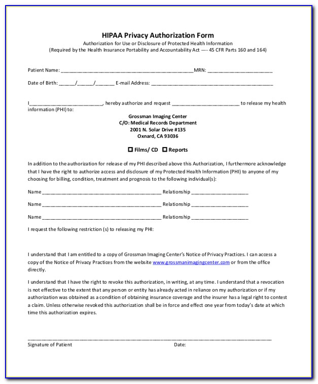 Sample Hipaa Form For Counselors
