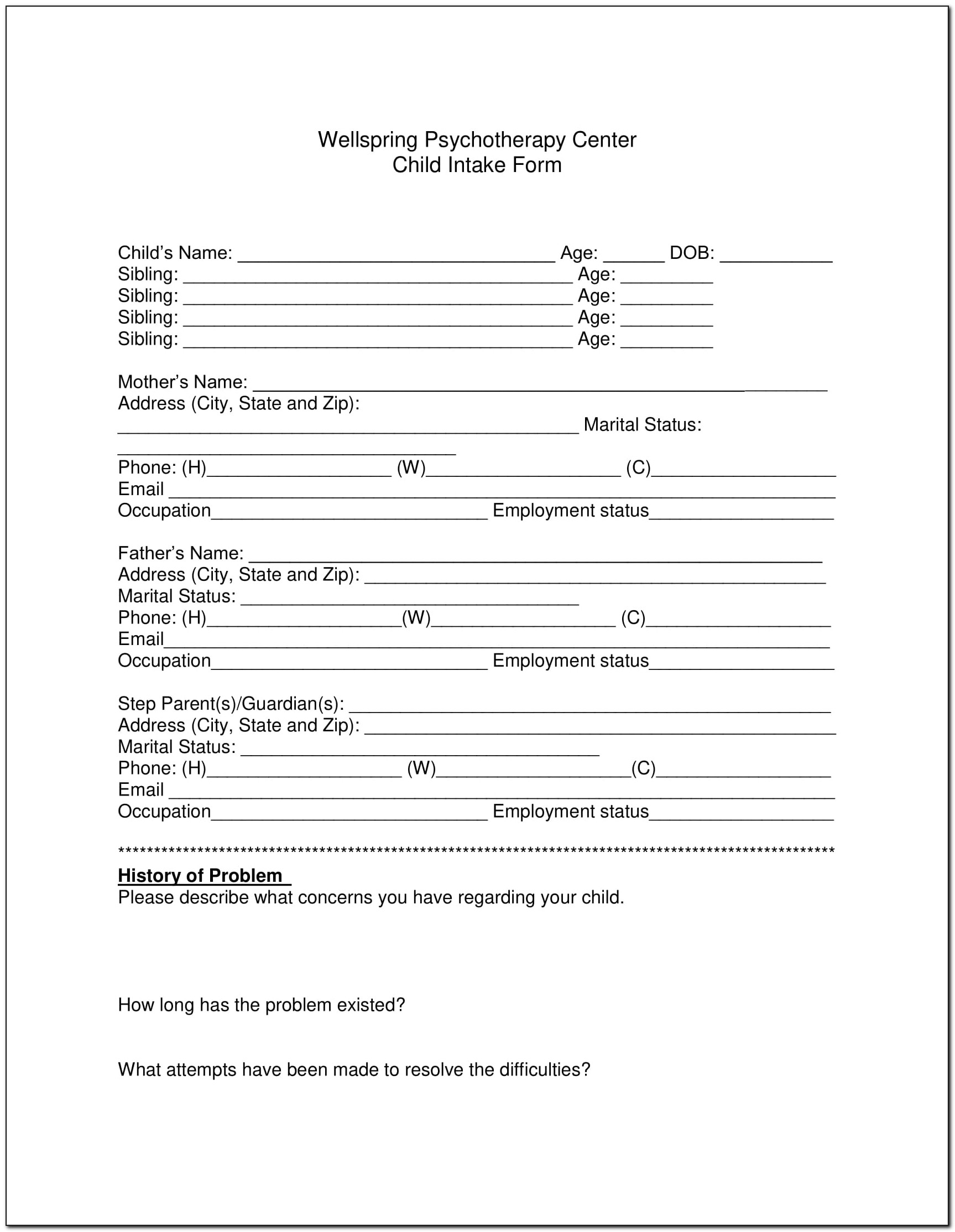 Sample Intake Form For Psychotherapy