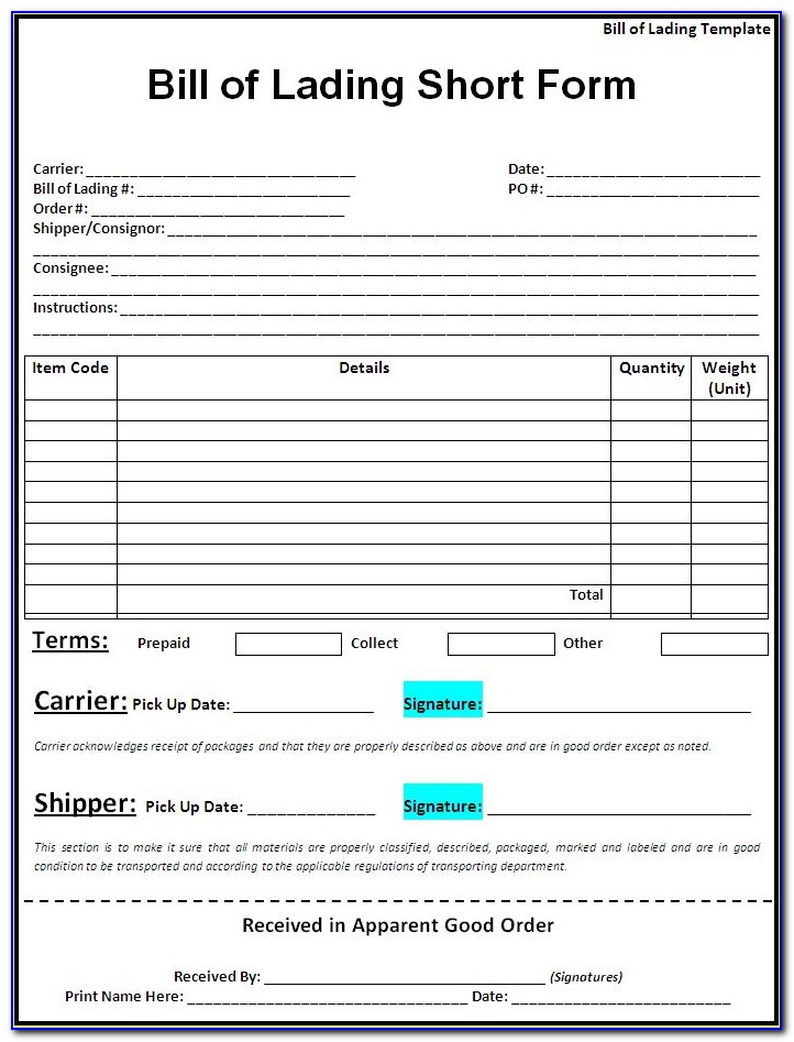 Short Form Bill Of Lading Template Free