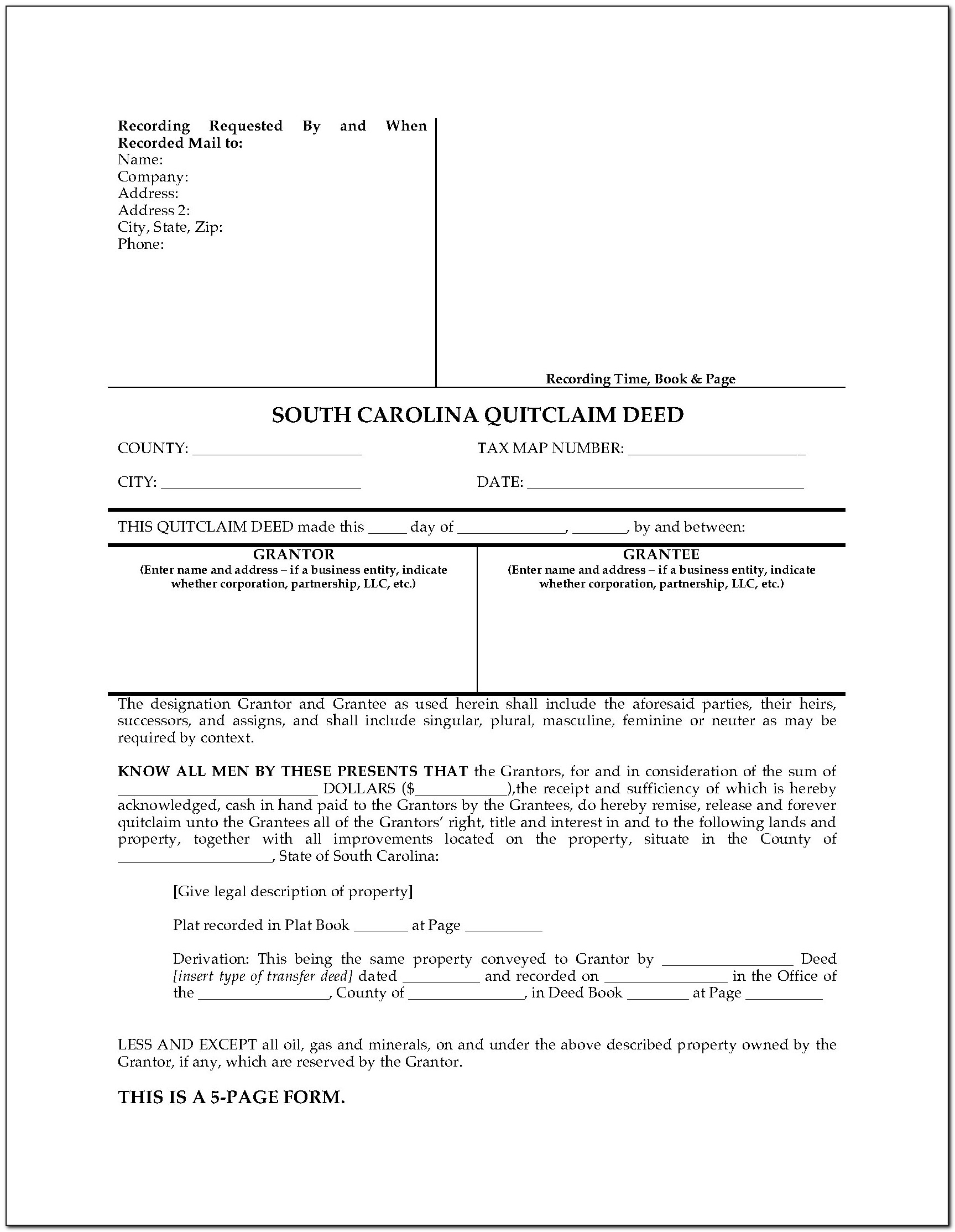 South Carolina Deed Affidavit Form