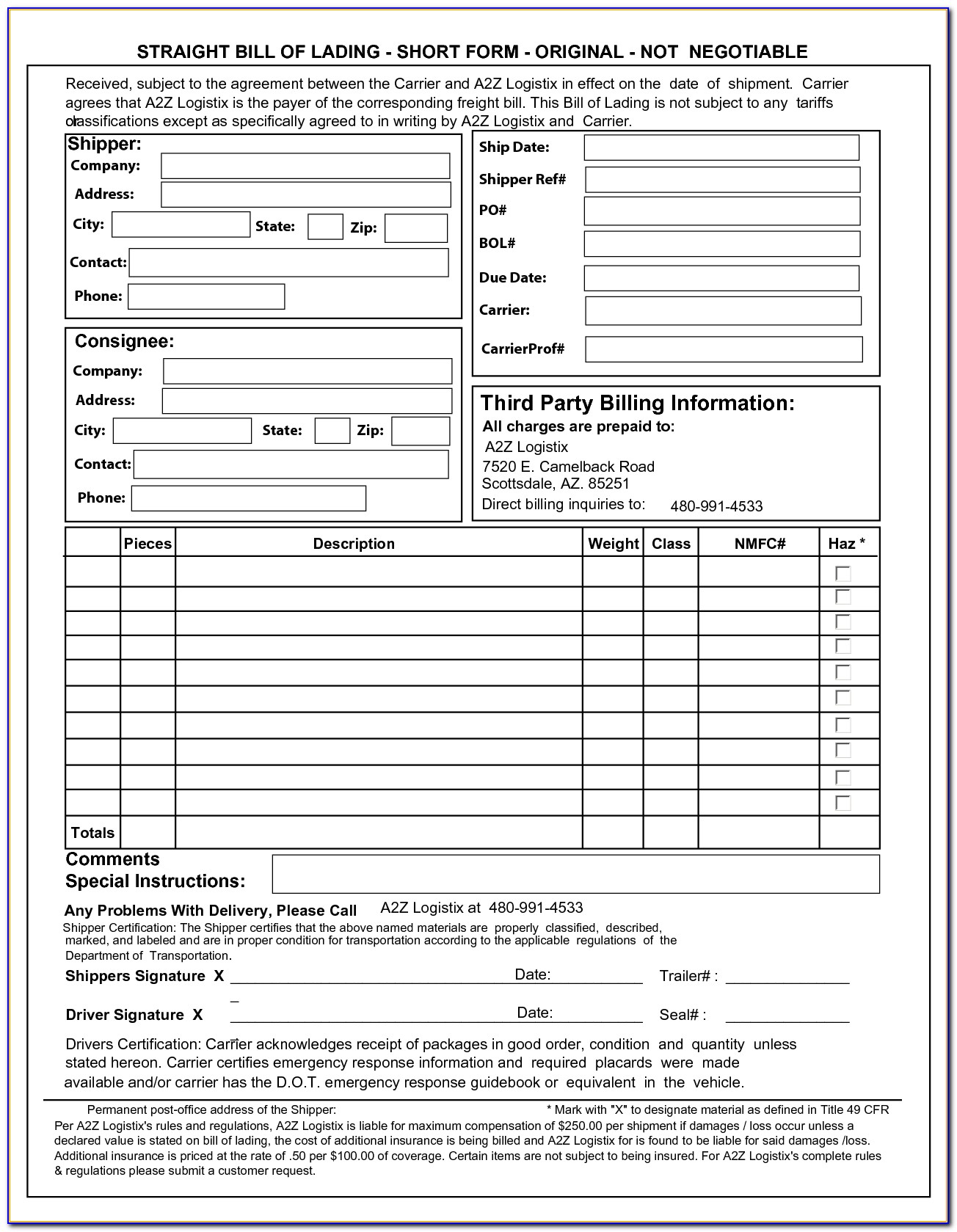 Straight Bill Of Lading Form Template