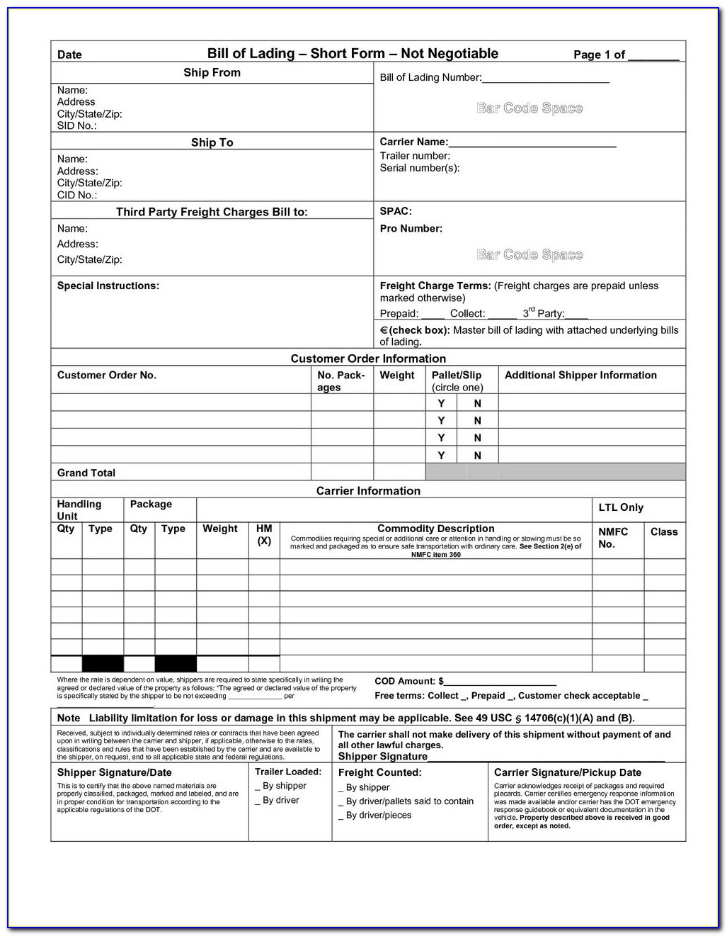 Straight Bill Of Lading Short Form Template Free