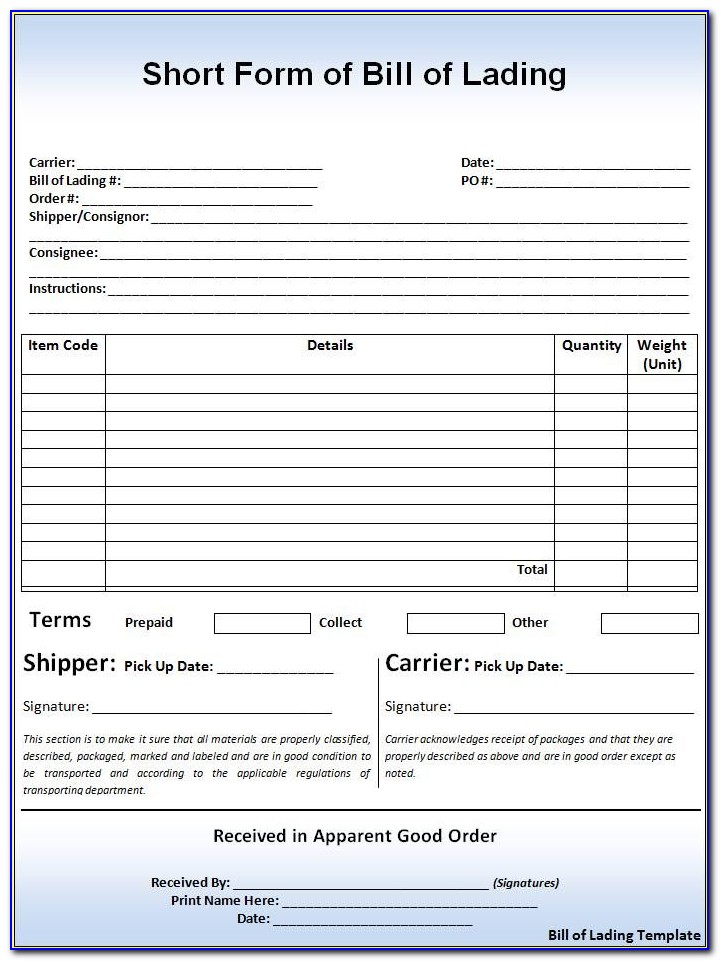 Straight Bill Of Lading Template