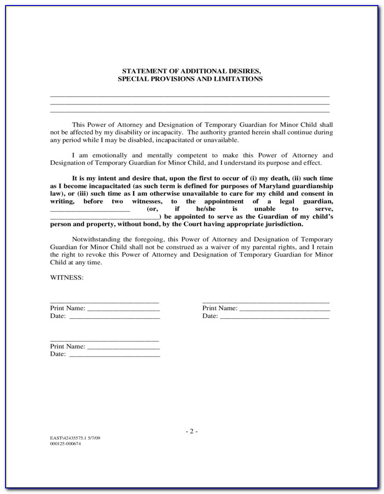 Temporary Guardianship Agreement Form Maryland
