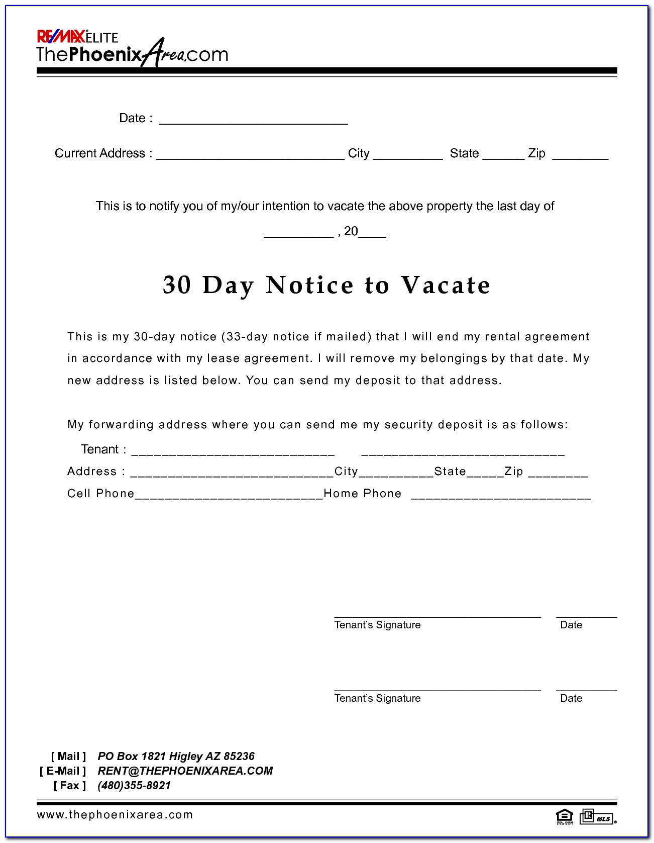 Tenant 30 Day Notice To Vacate Form Arizona