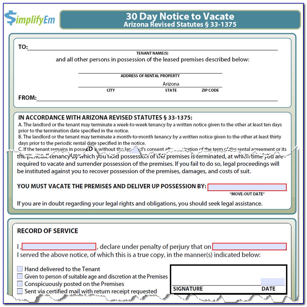 Tenant 30 Day Notice To Vacate Form